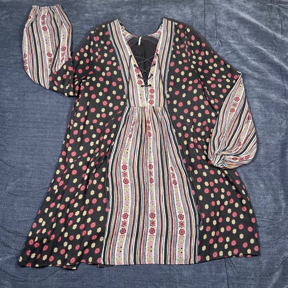 Free People Dress Womens Medium Black Floral Boho Lace Up Mini Tunic OB461763